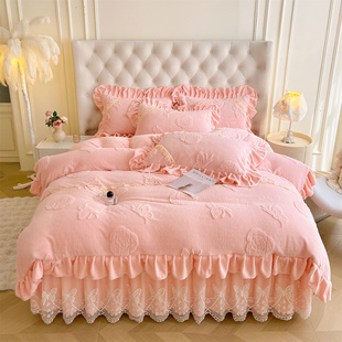 冬季高端兔绒牛奶绒床裙款四件套保暖加绒被套夹棉床罩公主风床品