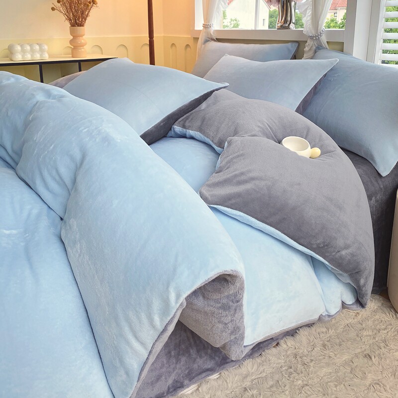 高级感牛奶绒四件套冬季加厚保暖珊瑚绒被套床单纯色加绒床笠床品