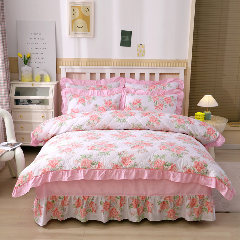 新款加棉全棉床裙式四件套夹棉1.8m床罩纯棉冬季加厚公主花边被套