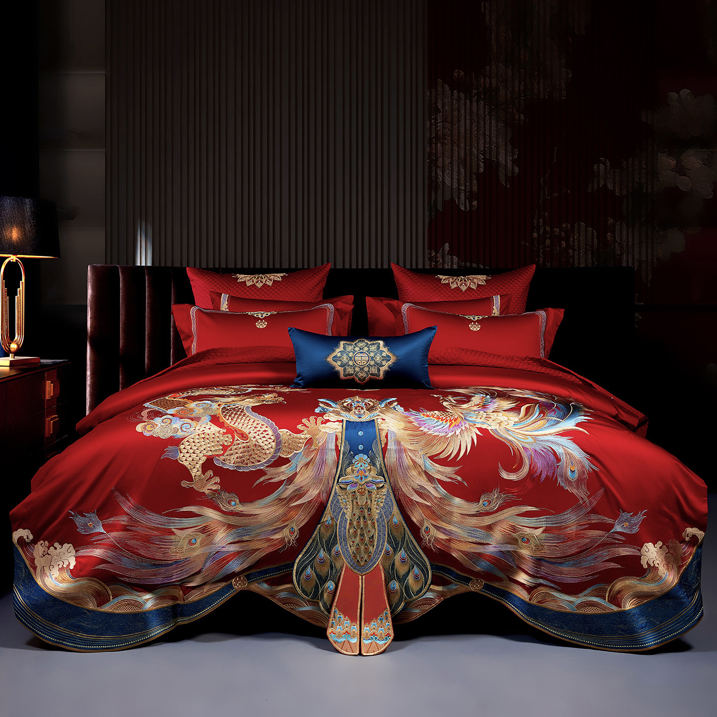 高端婚庆四件套新疆长绒棉龙凤刺绣喜被全棉大红色结婚被套十件套