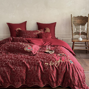 高端提花婚庆四件套莱赛尔天丝酒红色送礼陪嫁全棉纯棉冰丝结婚4