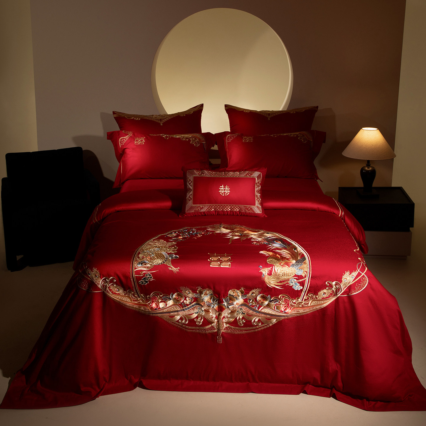 婚庆四件套高端刺绣龙凤喜子全棉红色喜被陪嫁长绒棉结婚床上用品