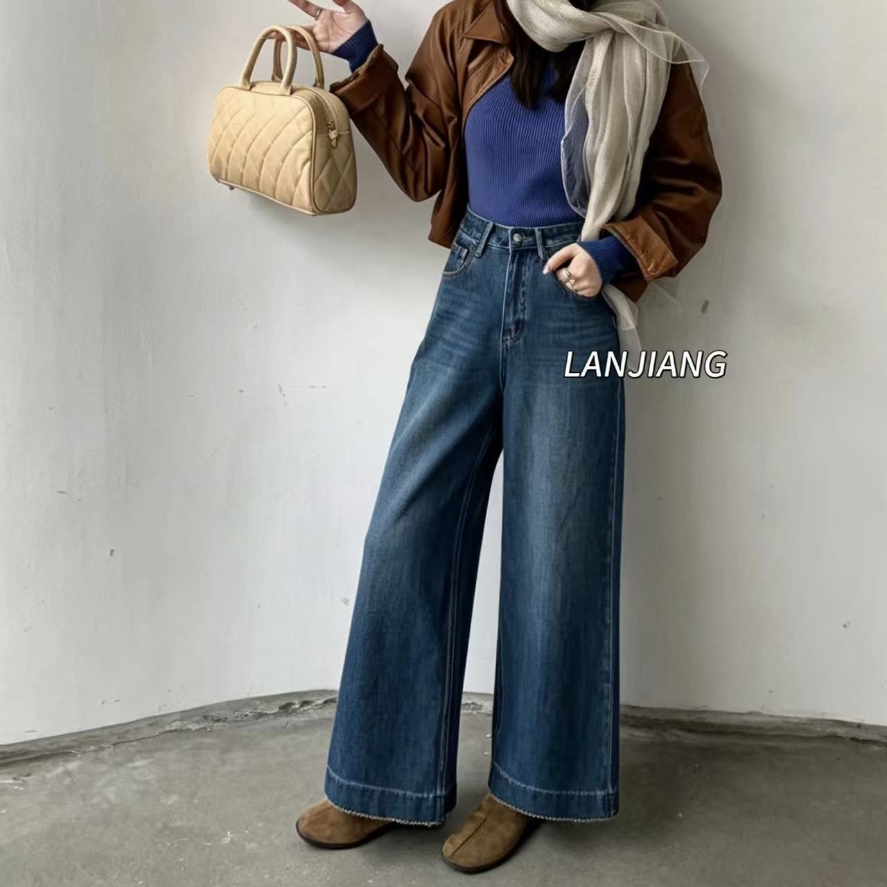 LANJIANG 美式高街 八面弹弹力高腰休闲长裤直筒阔腿百搭牛仔裤