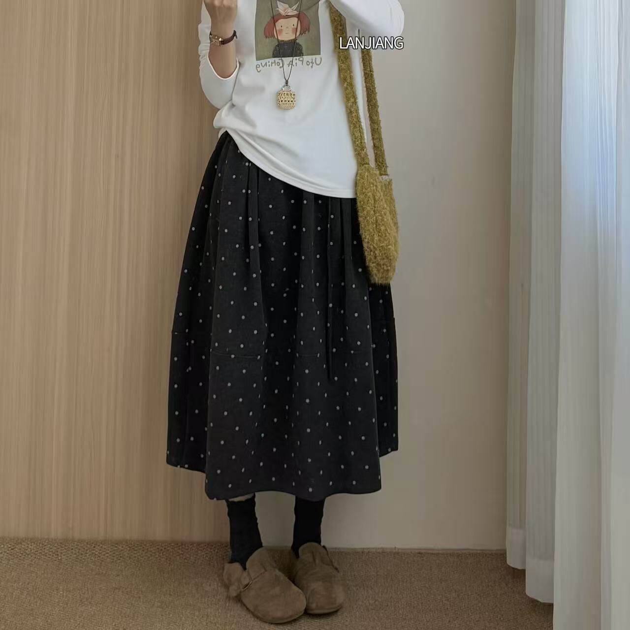 LANJIANG 花苞波点裙 韩系秋冬复古波点印花半身裙小个子女中长裙