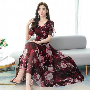 碎花雪纺连衣裙2023新款夏天女韩版收腰显瘦时尚洋气质印花中长款