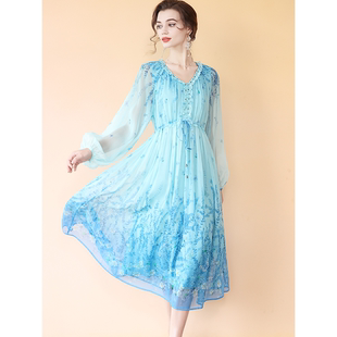 真丝连衣裙2024春新款 高腰碎花裙高端气质桑蚕丝度假裙 高级感法式