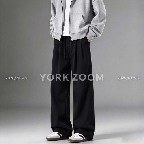 York Zoom秋季新品潮流灰卫裤男女微喇休闲裤cleanfit弯刀拉链裤