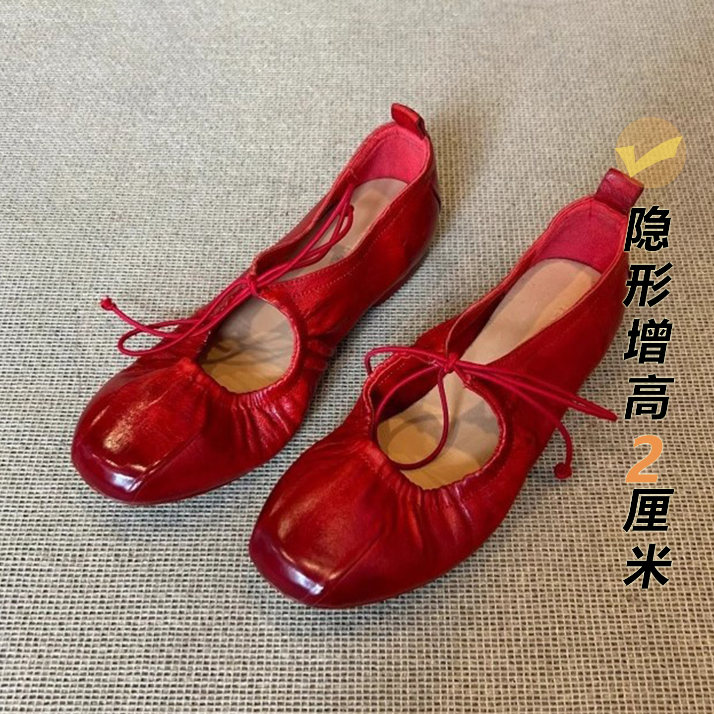真皮褶皱绑带芭蕾鞋圆头浅口平底玛丽珍单鞋女2025新款复古小红鞋