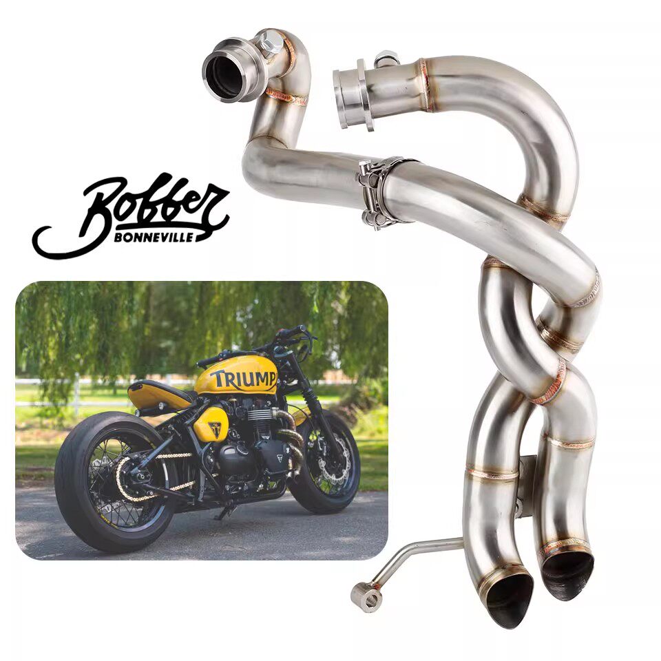 适用凯旋Bonneville Bobber 2016-2025改装复古麻花排气管不锈钢 - 实物图