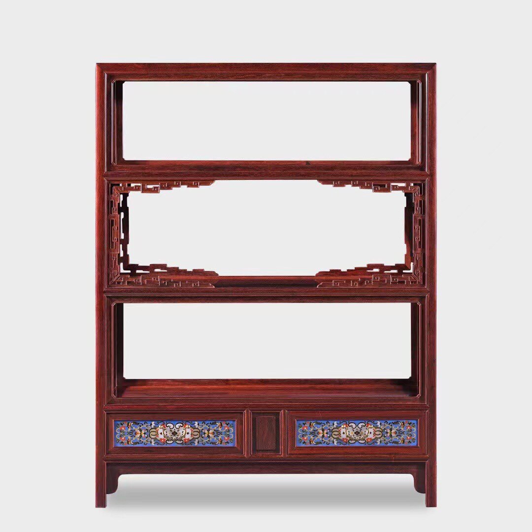 明式家具经典：明代回纹四面敞格架复刻/赞比亚血檀嵌珐琅/博古架