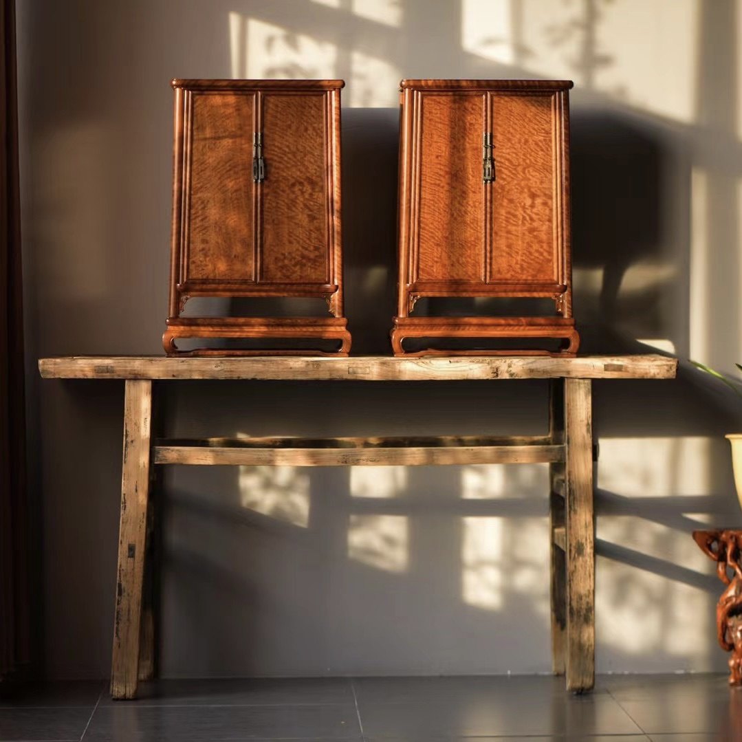 明式家具经典:龙眼木素面圆角柜二件套组/面条柜/茶边柜/储物柜