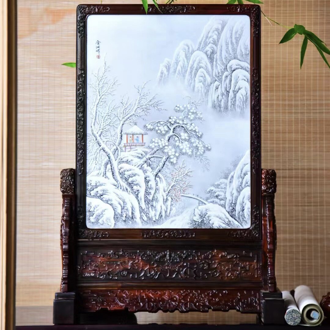 老挝大红酸枝（交趾黄檀）嵌手绘瓷板满浮雕插屏/台屏/座屏/清供