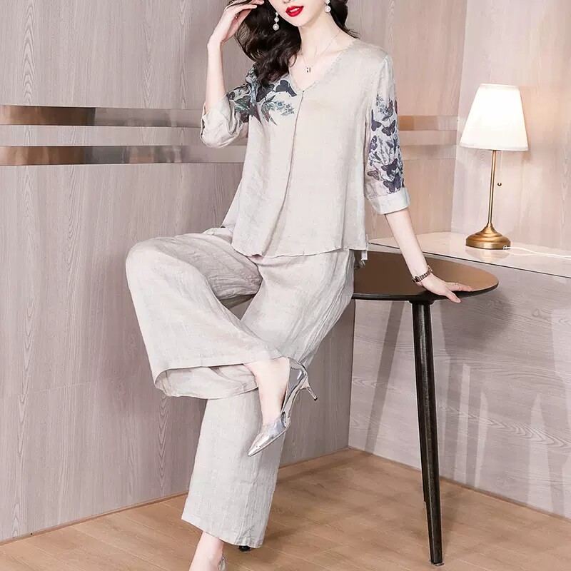 면 린넨 모시 셔츠 세트 어머니 봄옷 신상 대형 여성 의류 린넨 브랜드 와이드 팬츠 투피스 세트 패셔너블