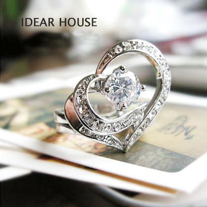 满包邮韩版韩国饰品银色爱心黎姿镶钻石幸福戒指环锆石女
