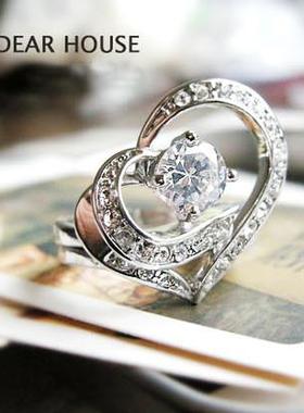 银色爱心镶钻石幸福戒指环满包邮