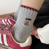 袜子女春季 粗线撞色中筒袜日系复古卡通刺绣堆堆袜学院风潮袜棉袜