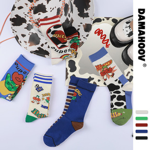 DAMAHOOV原创卡通插画甜心牛仔奶牛可爱少女搞怪复古棉袜子中筒袜