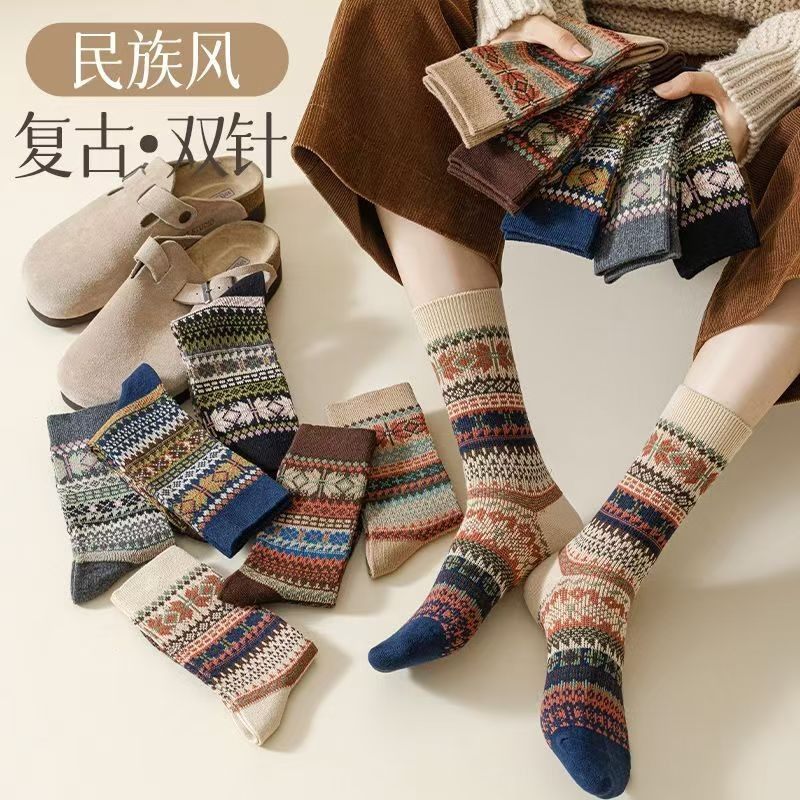 秋冬复古袜子女无骨民族风双路双针勃肯鞋中筒袜潮流精梳棉运动袜