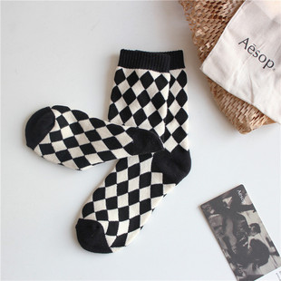 咖色袜子女冬季 韩国学院风菱格堆堆袜女秋冬 加厚保暖毛圈中筒袜