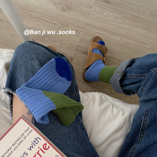 袜子女秋冬韩国潮袜拼色中筒袜粗针粗线休闲长袜男女情侣袜