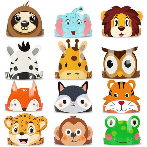 12个Jungle Safari hat儿童生日皇冠帽派对游戏丛林野生动物帽子