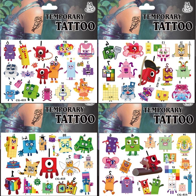 跨境积木数字纹身贴儿童卡通纹身贴纸生日聚会派对一次性纹身贴纸
