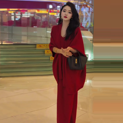 蝙蝠袖针织衫开衫毛衣裙套装女