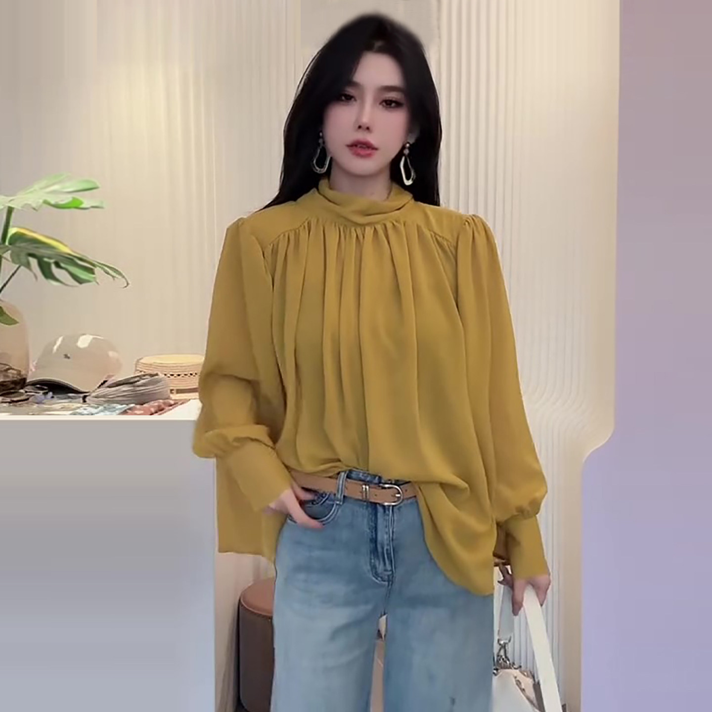 轻熟风显瘦百搭系带百变多穿纯色长袖衬衫女乔其纱小衫上衣打底衫