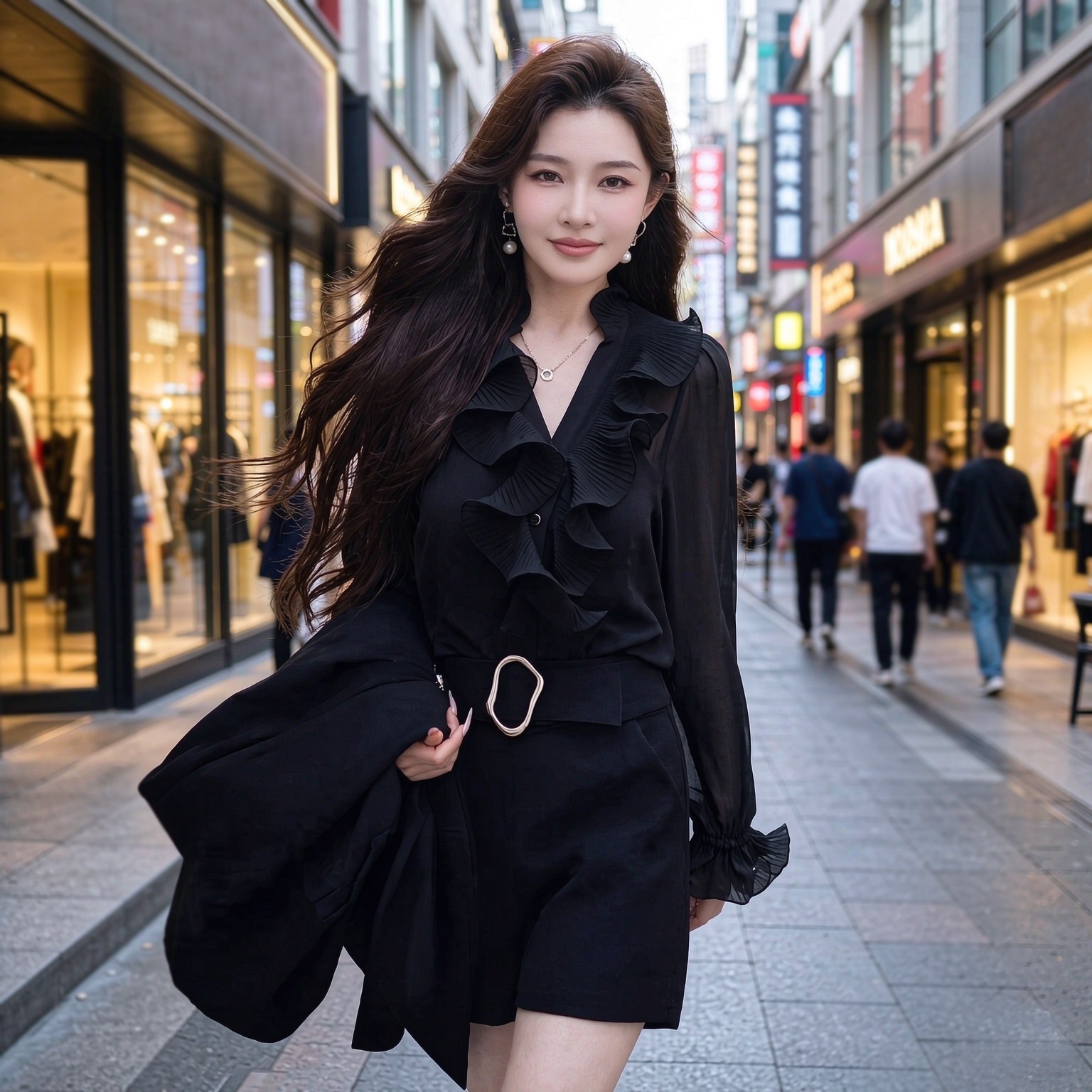 秋冬修身木耳边纯色长袖衬衫女雪纺打底衫喇叭袖V领内搭上衣小衫