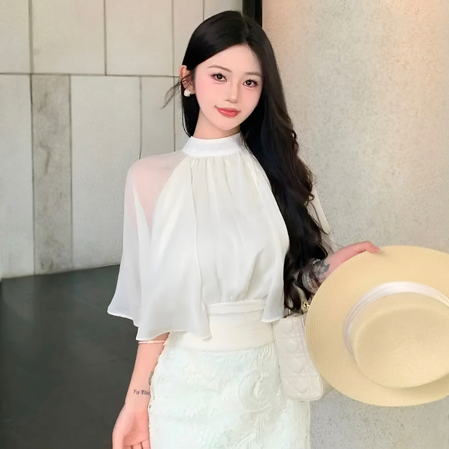 甜美气质显瘦半高领飘逸仙气雪纺衫女上衣百搭纯色短袖小衫衬衫夏