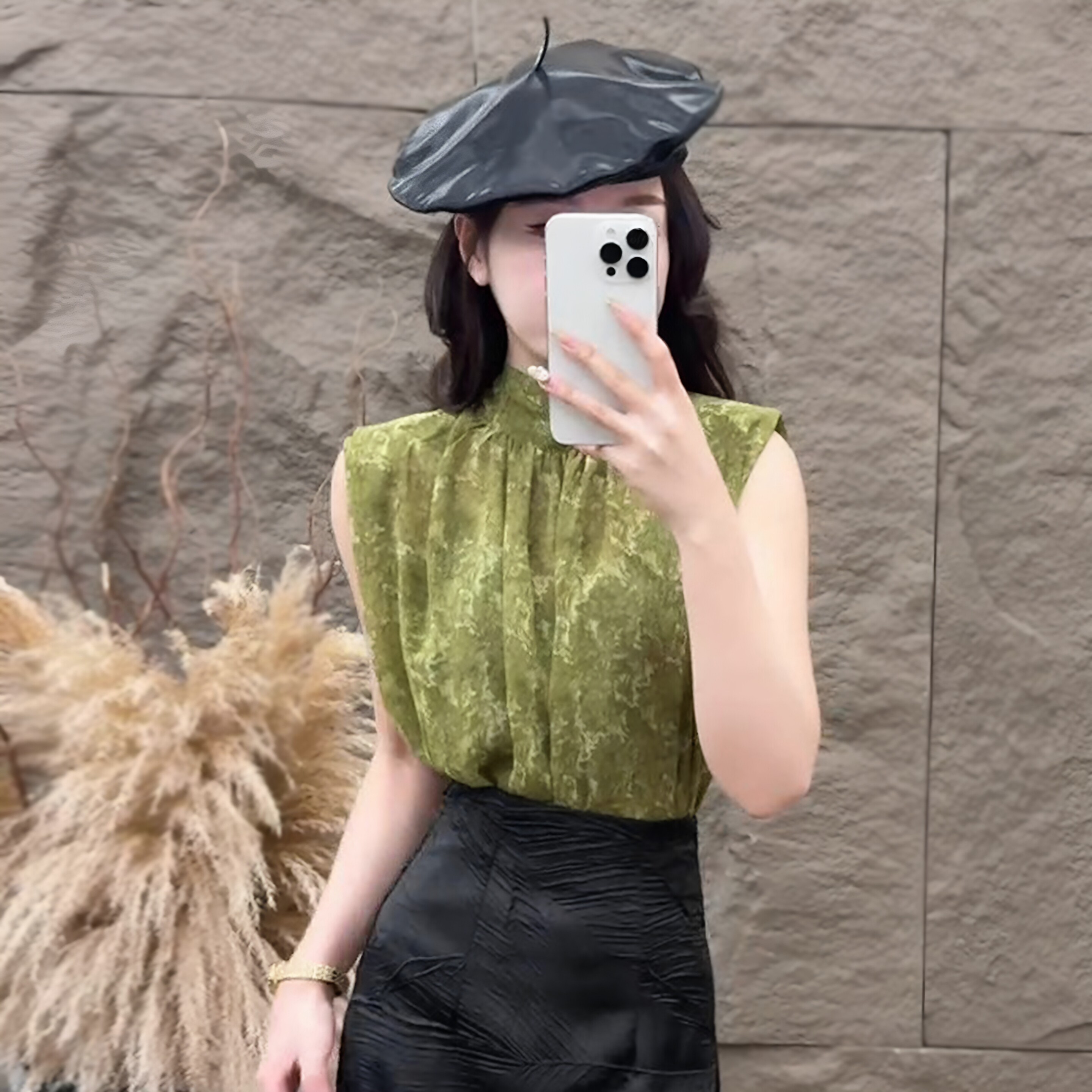 春夏气质显瘦扎染印花无袖衬衫女乔其纱半高领上衣后飘带压褶小衫