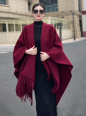 流中长款羊绒大衣女斗篷披肩外搭