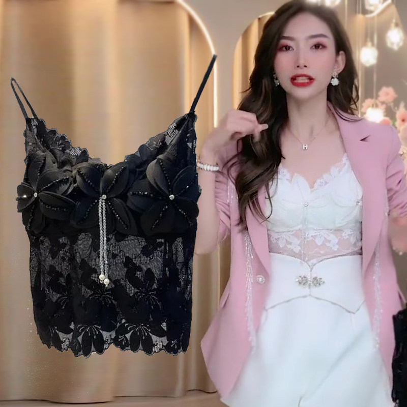吊带背心带胸垫一体式立体花朵镶钻重工纯手工蕾丝美背百搭甜美夏