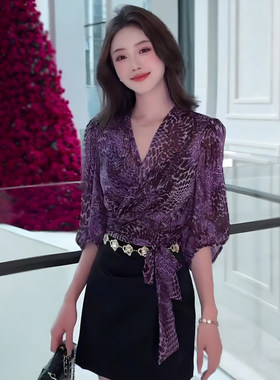 豹纹交叉系带灯笼袖开衫女防晒衫