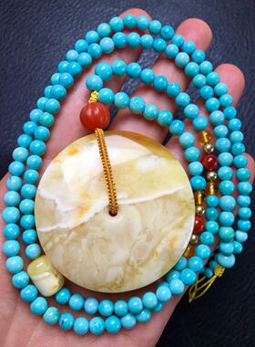 俄料蜜蜡平安扣原矿绿松石项链