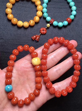 南红天然满色满肉绿松石蜜蜡手串