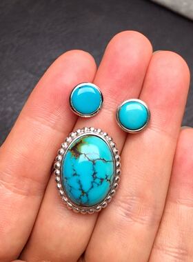 原矿绿松石耳钉玻璃戒指