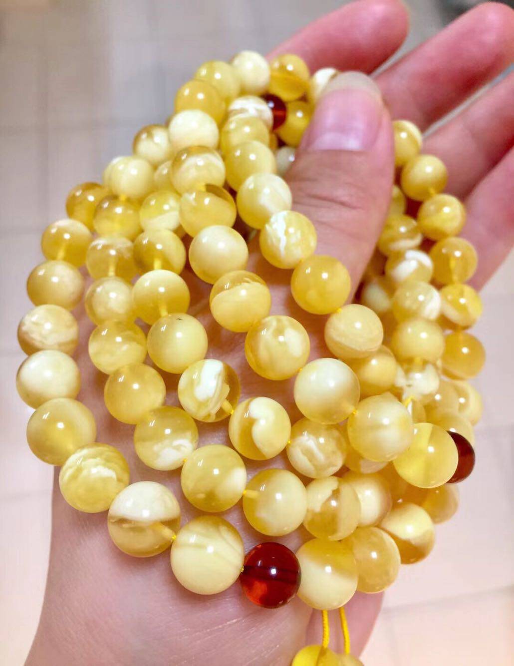 金绞白 蜜蜡 108佛珠 项链 手串 浓郁色 金白8.5mm 42.7克 灵动