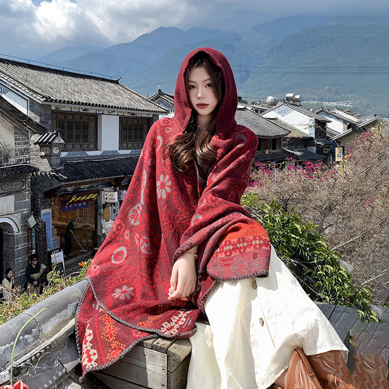 民族风腰果连帽斗篷披肩女夏季新疆西藏旅游拍照穿搭保暖大披风女
