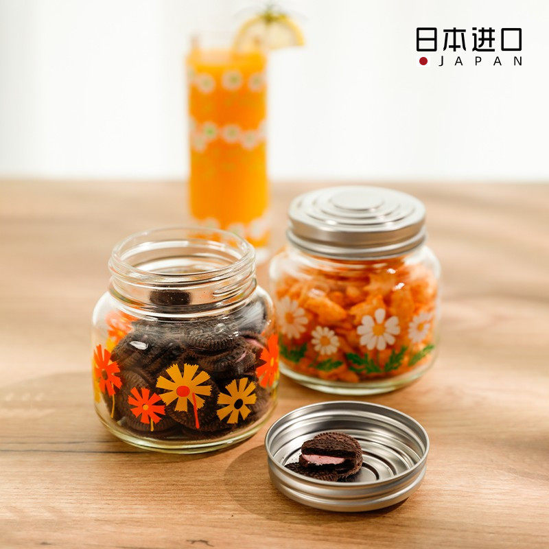 日本aderia石塚硝子密封罐带盖复古印花玻璃储物瓶零食饼干糖果罐
