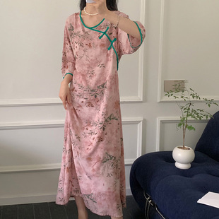 女士夏天睡裙成人棉绸七分袖睡裙旗袍国风新中式人造棉长裙夏季薄