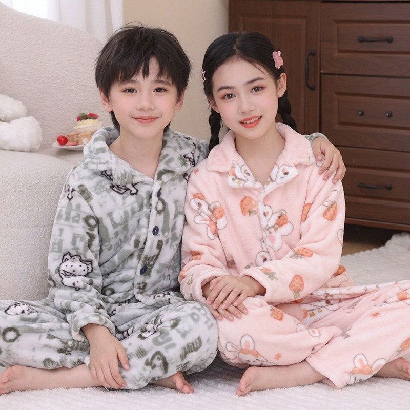 儿童法兰绒睡衣套装男童珊瑚绒女童开衫长袖长裤大童居家服秋冬季