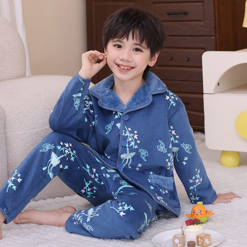 儿童睡衣套装男童宝宝绒女童开衫长袖长裤大童居家服亲子装秋冬季