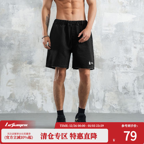 鹿家门国潮大码水洗印花黑色牛仔短裤男士美式复古宽松休闲裤子