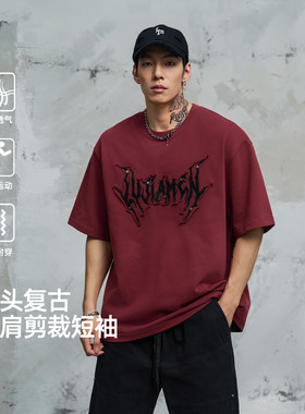 鹿家门红色重磅毛圈短袖T恤男夏宽松落肩街头潮牌贴布绣铆钉半袖