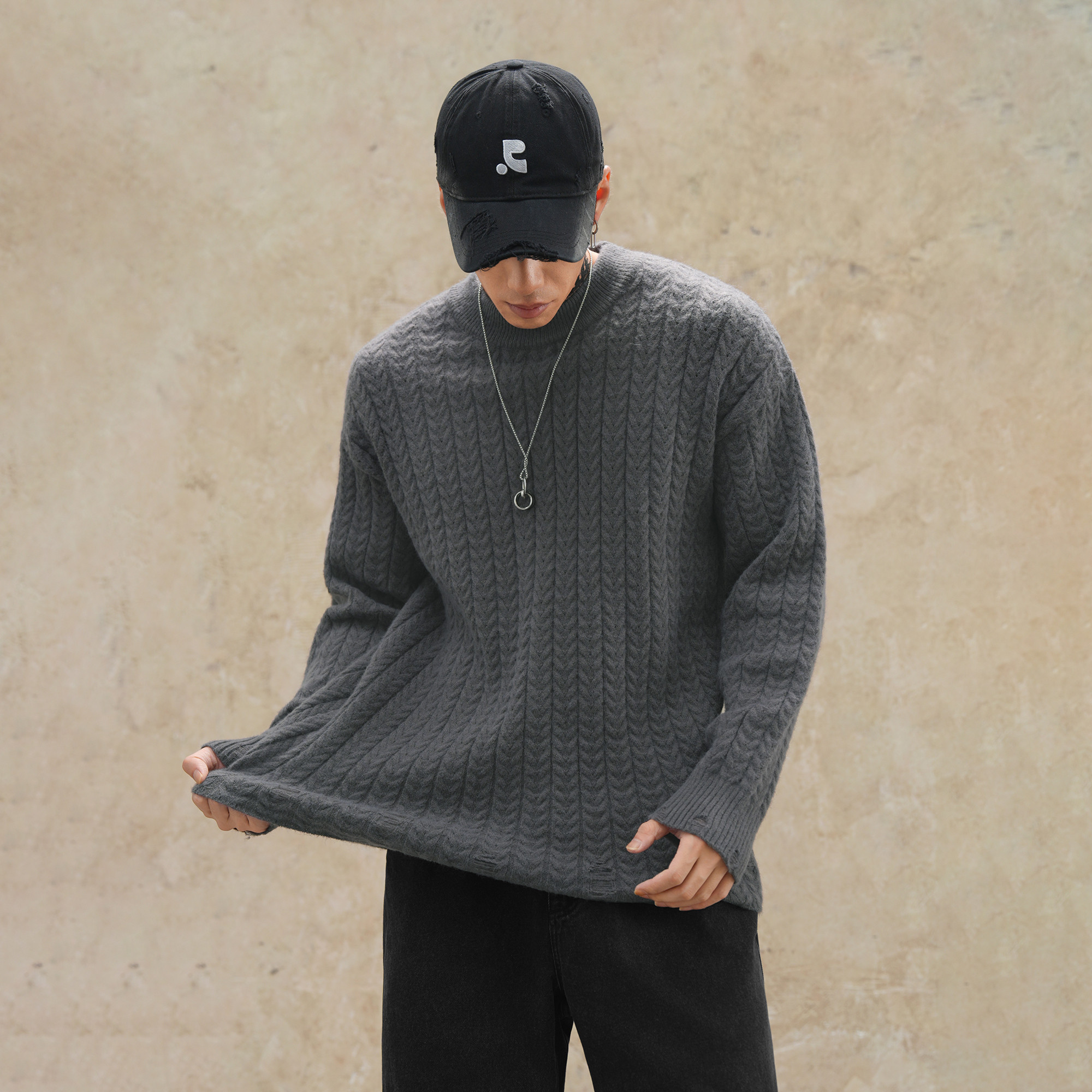 鹿家门麻花套头毛衣保暖大码宽松休闲潮牌简约2026春秋新款上衣男