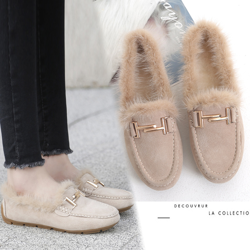 香港真皮豆豆鞋女2025冬季新款平底百搭毛毛鞋瓢鞋外穿加绒棉鞋女