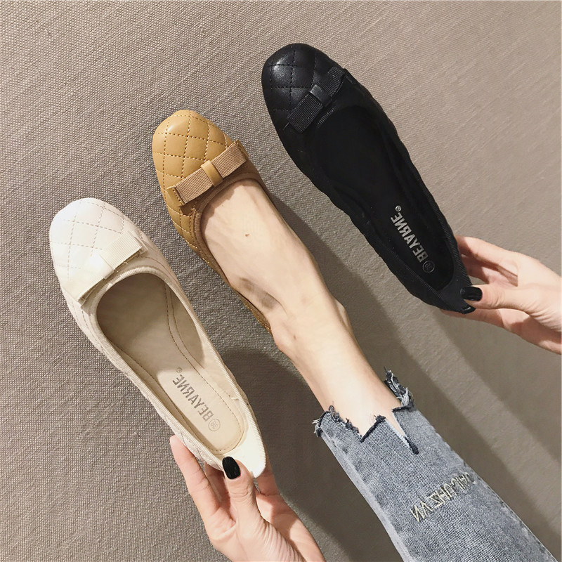 香港2025夏季蝴蝶结黑色韩版软皮菱格方头平底单鞋女浅口豆豆鞋潮