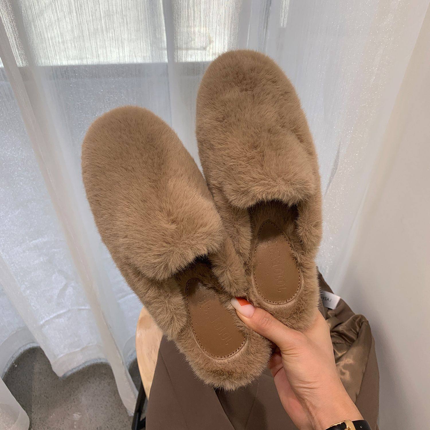 香港2025年冬季新款水貂毛包头半拖鞋女韩版外穿平底毛毛鞋穆勒鞋,女鞋,毛毛鞋,淘宝优惠券,粉丝福利购,淘宝优惠卷