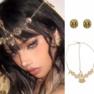 古希腊埃及异域公主金色流苏发链发饰额头链眉心坠古风头饰女耳钉